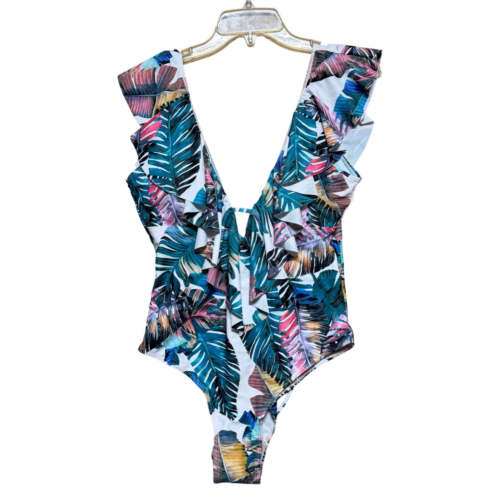 Sporlike Womens Tropical Leaf Print Ruffle V-Neck Lace Up One Piece Swimsuit M